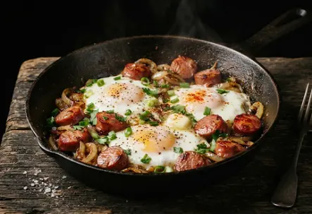 Kolbasa bilen garylan ýumurtgalar