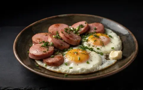 Kolbasa bilen garylan ýumurtga